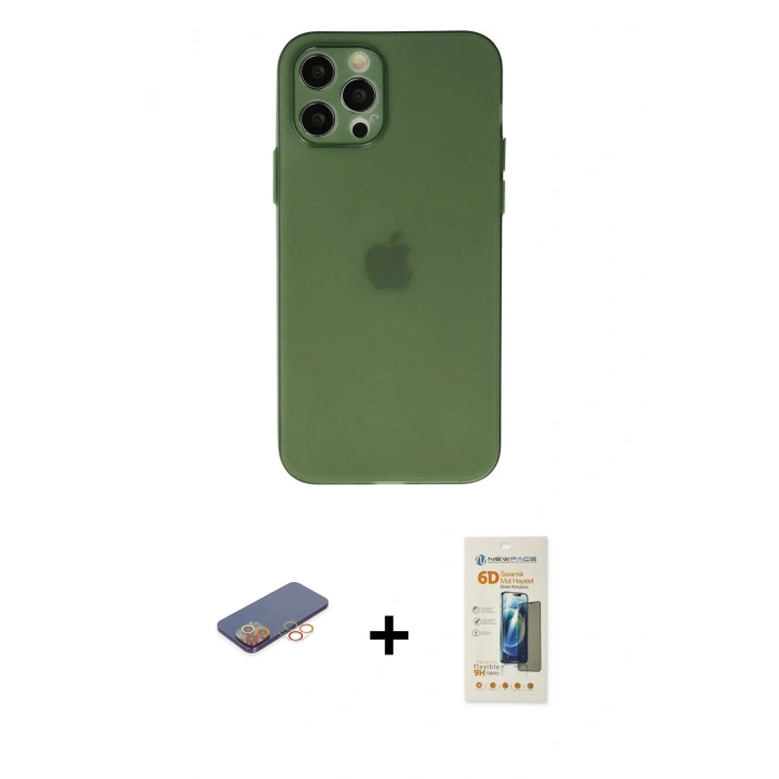MARSİLYAN™- iPhone 12 Pro Max Kılıf Atlas Minimal Prime - Siyah 6D Mat Seramik Hayalet Nano Ekran Koruyucu + Renkli Kamera Lens Koruma Cam - TU