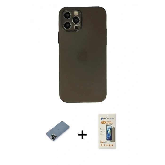 MARSİLYAN™- iPhone 12 Pro Max Kılıf Atlas Minimal Prime - Siyah 6D Mat Seramik Hayalet Nano Ekran Koruyucu + Shine Kamera Lens Koruma Cam - SH