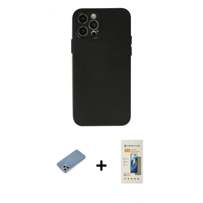 MARSİLYAN™- iPhone 12 Pro Max Kılıf Atlas Minimal Prime - Siyah 6D Mat Seramik Hayalet Nano Ekran Koruyucu + Shine Kamera Lens Koruma Cam - GS