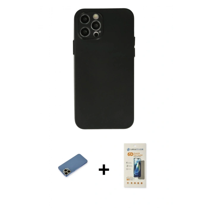 MARSİLYAN™- iPhone 12 Pro Max Kılıf Atlas Minimal Prime - Siyah 6D Mat Seramik Hayalet Nano Ekran Koruyucu + Shine Kamera Lens Koruma Cam - GD