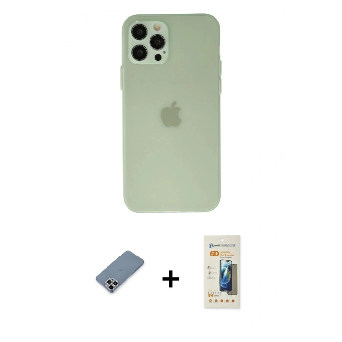 MARSİLYAN™- iPhone 12 Pro Max Kılıf Atlas Minimal Prime - Siyah 6D Mat Seramik Hayalet Nano Ekran Koruyucu + Gümüş Metal Kamera Lens Koruma Cam