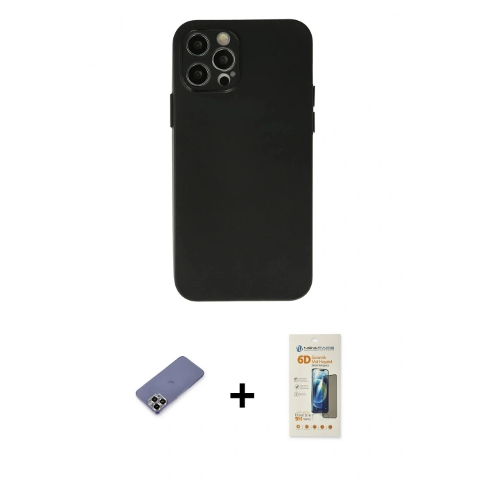 MARSİLYAN™- iPhone 12 Pro Max Kılıf Atlas Minimal Prime - Siyah 6D Mat Seramik Hayalet Nano Ekran Koruyucu + Metal Kamera Lens Koruma Cam - GD
