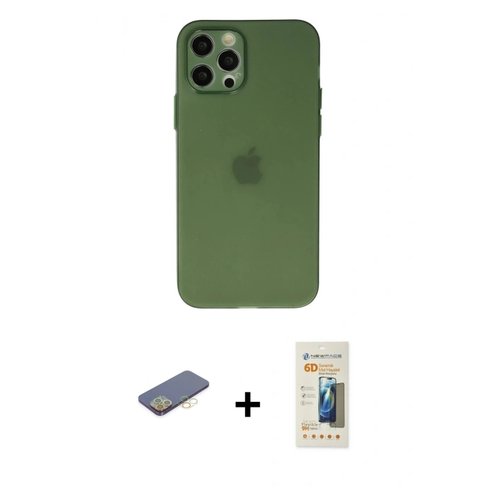 MARSİLYAN™- iPhone 12 Pro Max Kılıf Atlas Minimal Prime - Siyah 6D Mat Seramik Hayalet Nano Ekran Koruyucu + Renkli Kamera Lens Koruma Cam - SI
