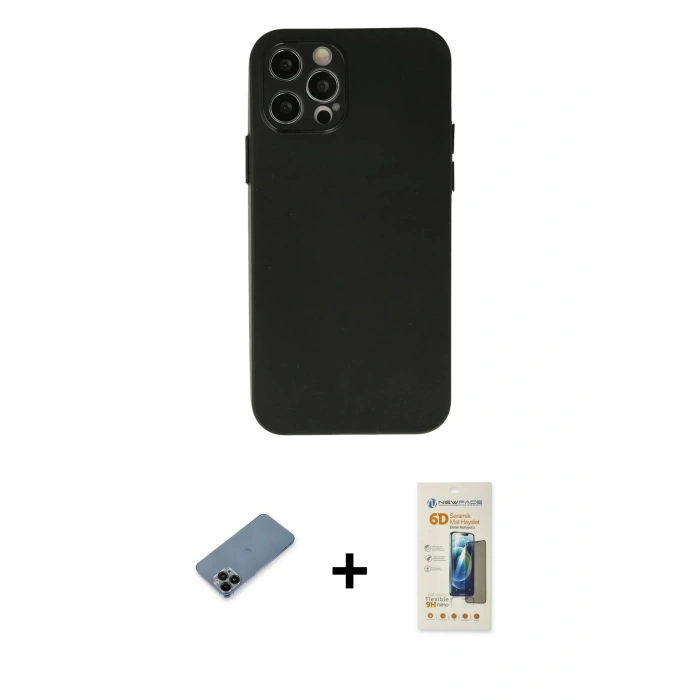 MARSİLYAN™- iPhone 12 Pro Max Kılıf Atlas Minimal Prime - Siyah 6D Mat Seramik Hayalet Nano Ekran Koruyucu + Shine Kamera Lens Koruma Cam - SH