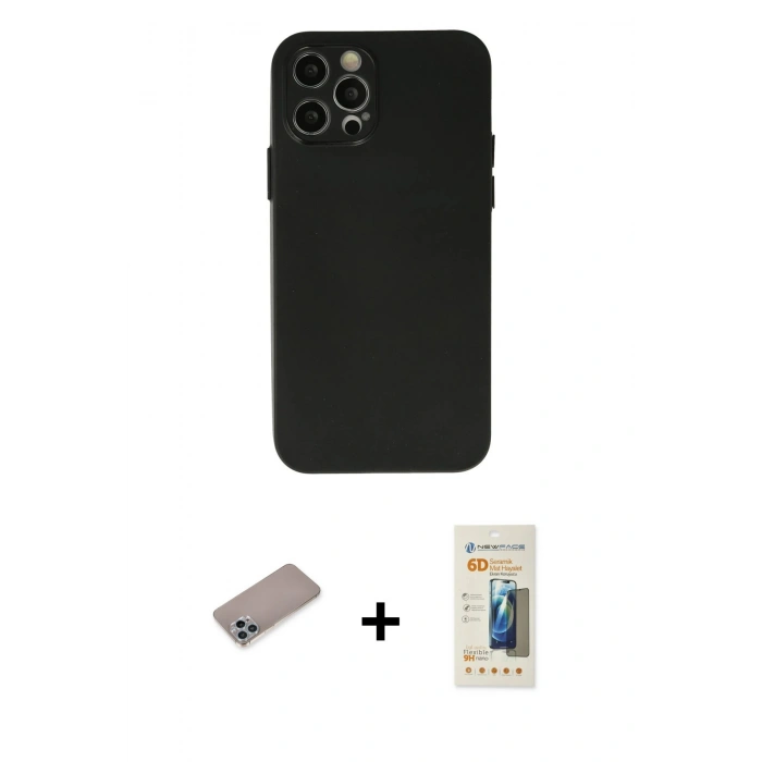 MARSİLYAN™- iPhone 12 Pro Max Kılıf Atlas Minimal Prime - Siyah 6D Mat Seramik Hayalet Nano Ekran Koruyucu + Shine Kamera Lens Koruma Cam - SABE