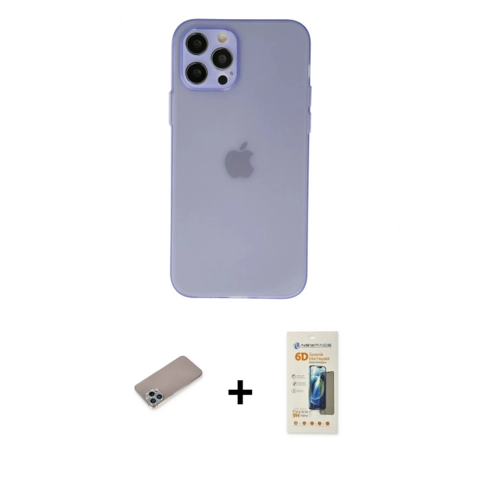 MARSİLYAN™- iPhone 12 Pro Max Kılıf Atlas Minimal Prime - Siyah 6D Mat Seramik Hayalet Nano Ekran Koruyucu + Sierra Blue Shine Kamera Lens Koruma Cam