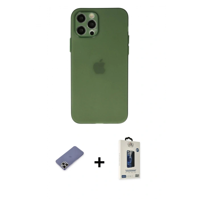 MARSİLYAN™- iPhone 12 Pro Max Kılıf Atlas Minimal Prime - Siyah Bilvis Hayalet Cam Ekran Koruyucu + Metal Kamera Lens Koruma Cam - GD