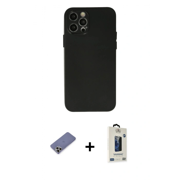 MARSİLYAN™- iPhone 12 Pro Max Kılıf Atlas Minimal Prime - Siyah Bilvis Hayalet Cam Ekran Koruyucu + Metal Kamera Lens Koruma Cam - GD