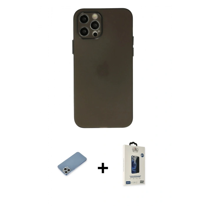 MARSİLYAN™- iPhone 12 Pro Max Kılıf Atlas Minimal Prime - Siyah Bilvis Hayalet Cam Ekran Koruyucu + Shine Kamera Lens Koruma Cam - GS