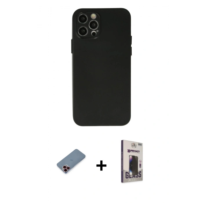 MARSİLYAN™- iPhone 12 Pro Max Kılıf Atlas Minimal Prime - Siyah Bilvis Hayalet Cam Ekran Koruyucu + Metal Kamera Lens Koruma Cam - KI
