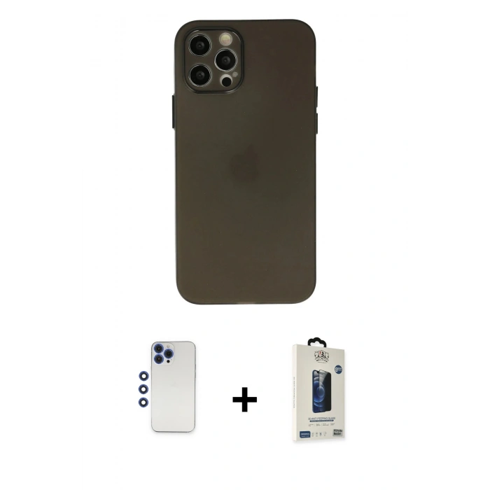 MARSİLYAN™- iPhone 12 Pro Max Kılıf Atlas Minimal Prime - Siyah Bilvis Hayalet Cam Ekran Koruyucu + Shine Kamera Lens - LT