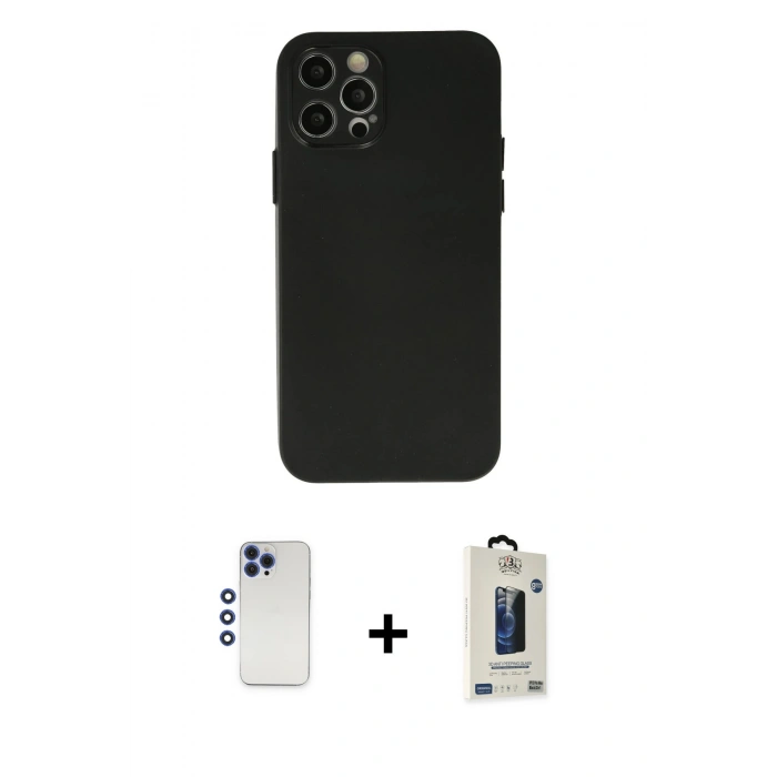 MARSİLYAN™- iPhone 12 Pro Max Kılıf Atlas Minimal Prime - Siyah Bilvis Hayalet Cam Ekran Koruyucu + Shine Kamera Lens - LT