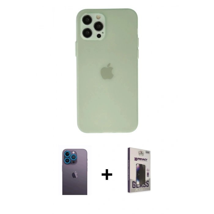 MARSİLYAN™- iPhone 12 Pro Max Kılıf Atlas Minimal Prime - Siyah Bilvis Hayalet Cam Ekran Koruyucu + Neon Fosforlu Kamera Lens - MI