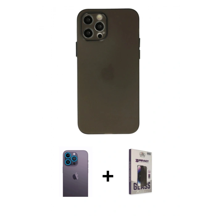 MARSİLYAN™- iPhone 12 Pro Max Kılıf Atlas Minimal Prime - Siyah Bilvis Hayalet Cam Ekran Koruyucu + Neon Fosforlu Kamera Lens - MI
