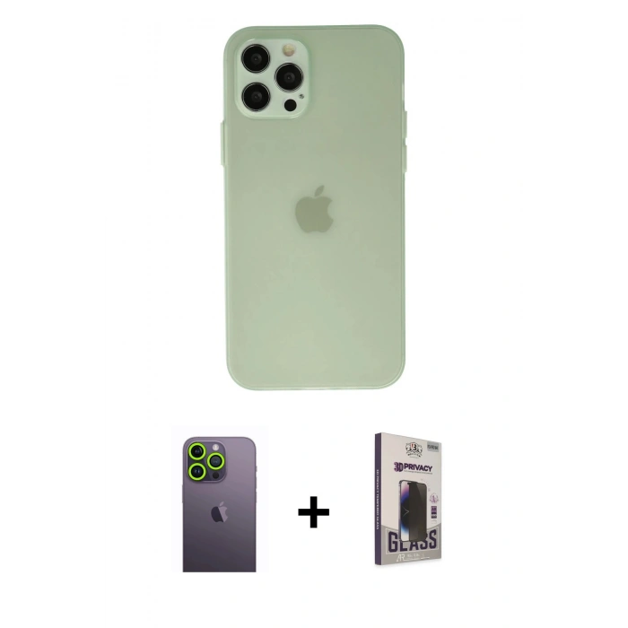MARSİLYAN™- iPhone 12 Pro Max Kılıf Atlas Minimal Prime - Siyah Bilvis Hayalet Cam Ekran Koruyucu + Neon Fosforlu Kamera Lens - YL