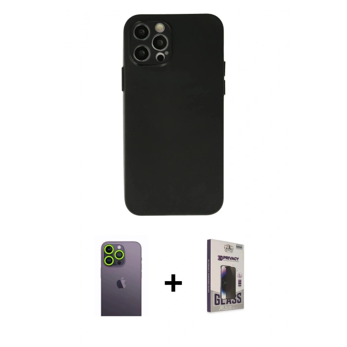 MARSİLYAN™- iPhone 12 Pro Max Kılıf Atlas Minimal Prime - Siyah Bilvis Hayalet Cam Ekran Koruyucu + Neon Fosforlu Kamera Lens - YL