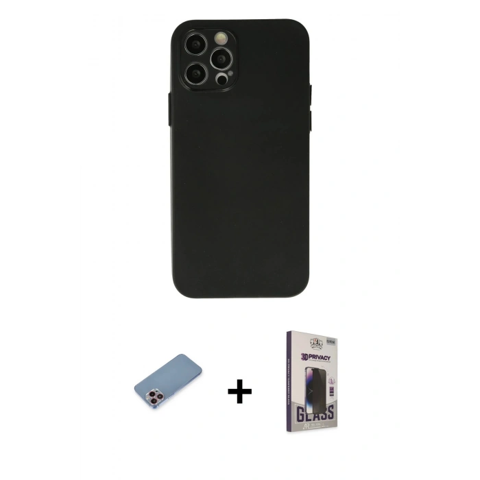 MARSİLYAN™- iPhone 12 Pro Max Kılıf Atlas Minimal Prime - Siyah Bilvis Hayalet Cam Ekran Koruyucu + Shine Kamera Lens Koruma Cam - PE