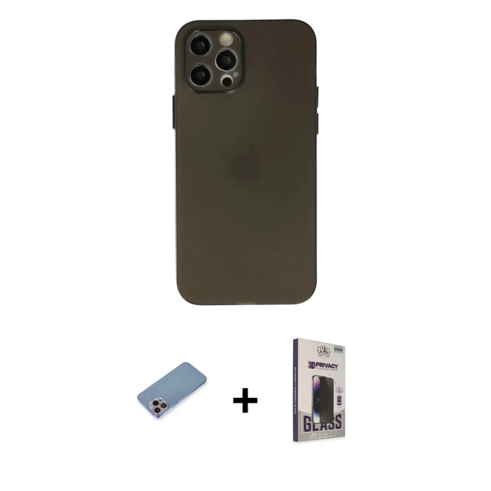 MARSİLYAN™- iPhone 12 Pro Max Kılıf Atlas Minimal Prime - Siyah Bilvis Hayalet Cam Ekran Koruyucu + Shine Kamera Lens Koruma Cam - PE