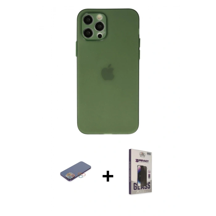 MARSİLYAN™- iPhone 12 Pro Max Kılıf Atlas Minimal Prime - Siyah Bilvis Hayalet Cam Ekran Koruyucu + Renkli Kamera Lens Koruma Cam - PE