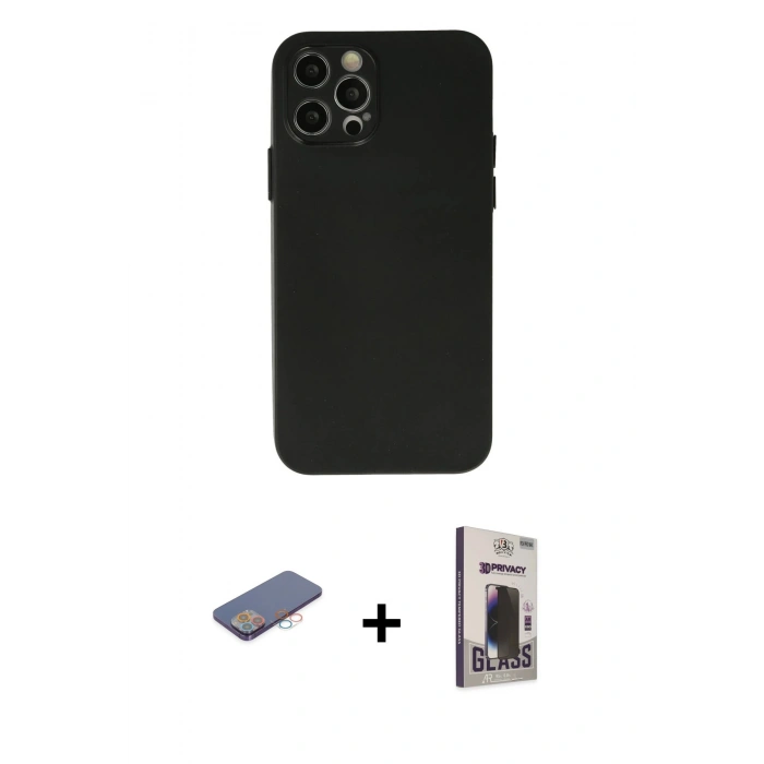MARSİLYAN™- iPhone 12 Pro Max Kılıf Atlas Minimal Prime - Siyah Bilvis Hayalet Cam Ekran Koruyucu + Renkli Kamera Lens Koruma Cam - PE