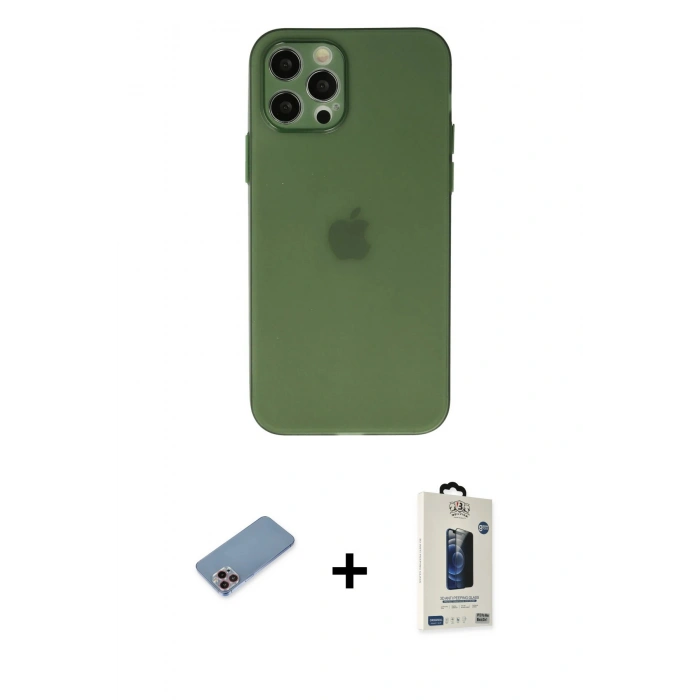 MARSİLYAN™- iPhone 12 Pro Max Kılıf Atlas Minimal Prime - Siyah Bilvis Hayalet Cam Ekran Koruyucu + Shine Kamera Lens Koruma Cam - PE