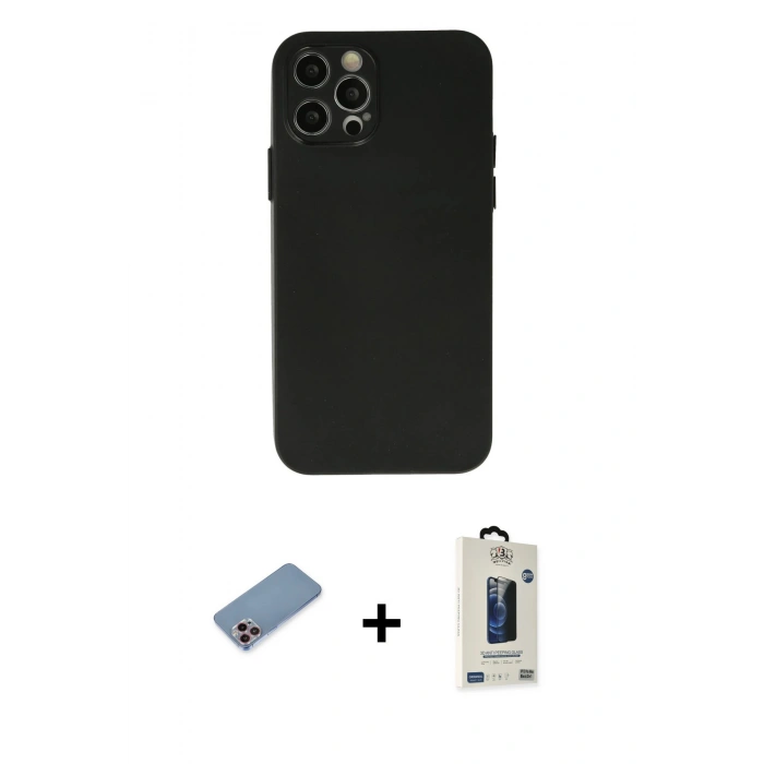 MARSİLYAN™- iPhone 12 Pro Max Kılıf Atlas Minimal Prime - Siyah Bilvis Hayalet Cam Ekran Koruyucu + Shine Kamera Lens Koruma Cam - PE