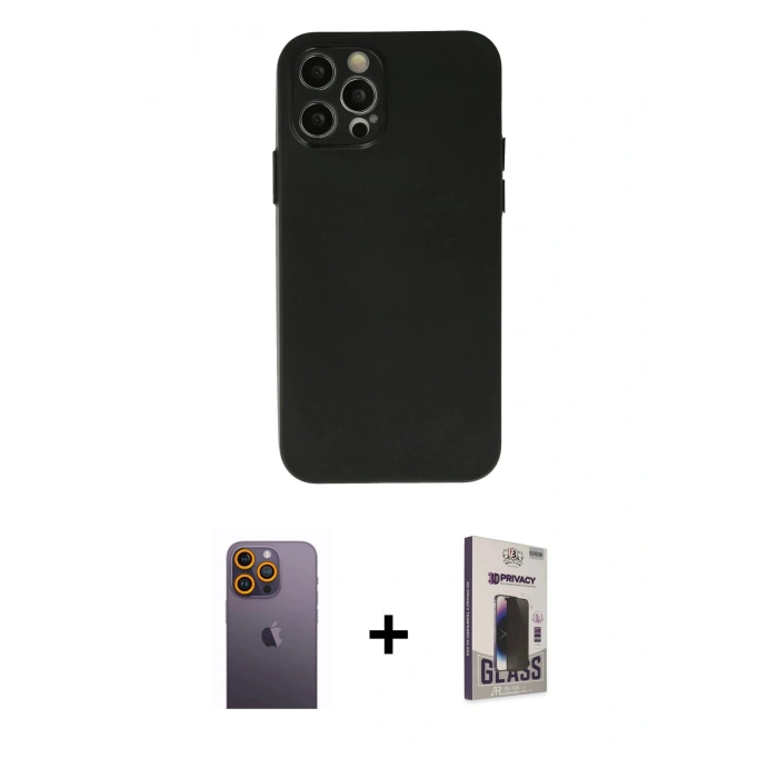 MARSİLYAN™- iPhone 12 Pro Max Kılıf Atlas Minimal Prime - Siyah Bilvis Hayalet Cam Ekran Koruyucu + Neon Fosforlu Kamera Lens - SI