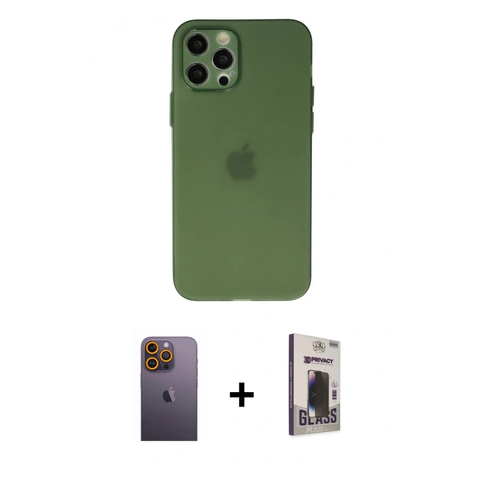 MARSİLYAN™- iPhone 12 Pro Max Kılıf Atlas Minimal Prime - Siyah Bilvis Hayalet Cam Ekran Koruyucu + Neon Fosforlu Kamera Lens - SI