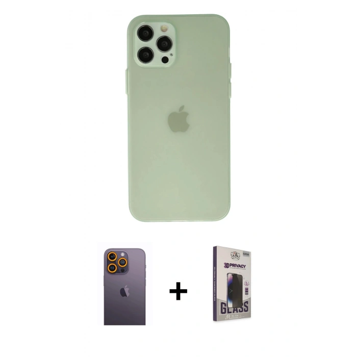 MARSİLYAN™- iPhone 12 Pro Max Kılıf Atlas Minimal Prime - Siyah Bilvis Hayalet Cam Ekran Koruyucu + Neon Fosforlu Kamera Lens - SI