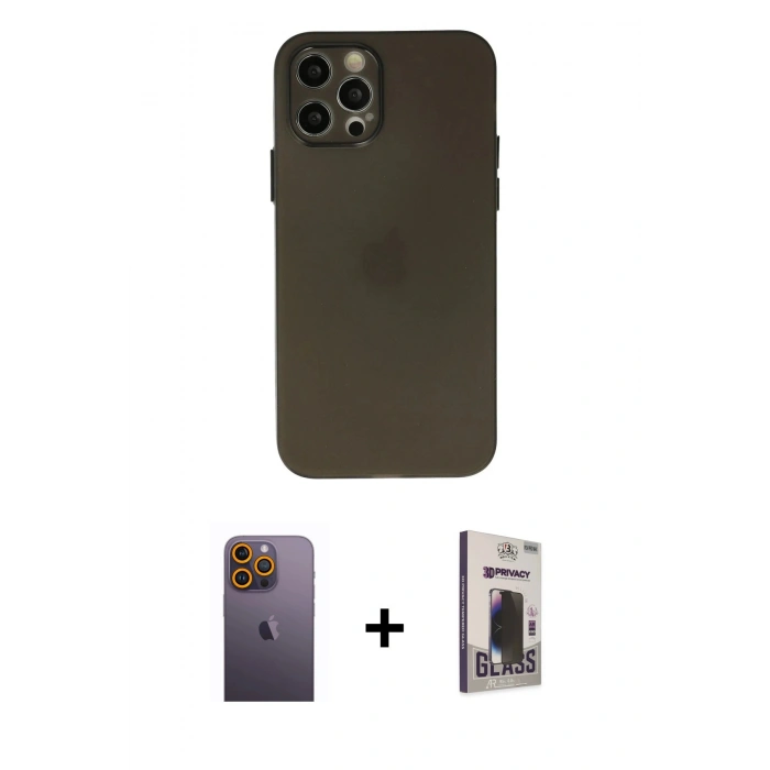 MARSİLYAN™- iPhone 12 Pro Max Kılıf Atlas Minimal Prime - Siyah Bilvis Hayalet Cam Ekran Koruyucu + Neon Fosforlu Kamera Lens - SI