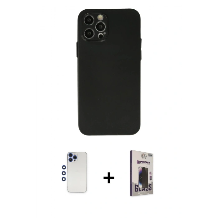 MARSİLYAN™- iPhone 12 Pro Max Kılıf Atlas Minimal Prime - Siyah Bilvis Hayalet Cam Ekran Koruyucu + Shine Kamera Lens - LT