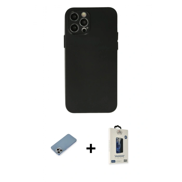MARSİLYAN™- iPhone 12 Pro Max Kılıf Atlas Minimal Prime - Siyah Bilvis Hayalet Cam Ekran Koruyucu + Shine Kamera Lens Koruma Cam - GI