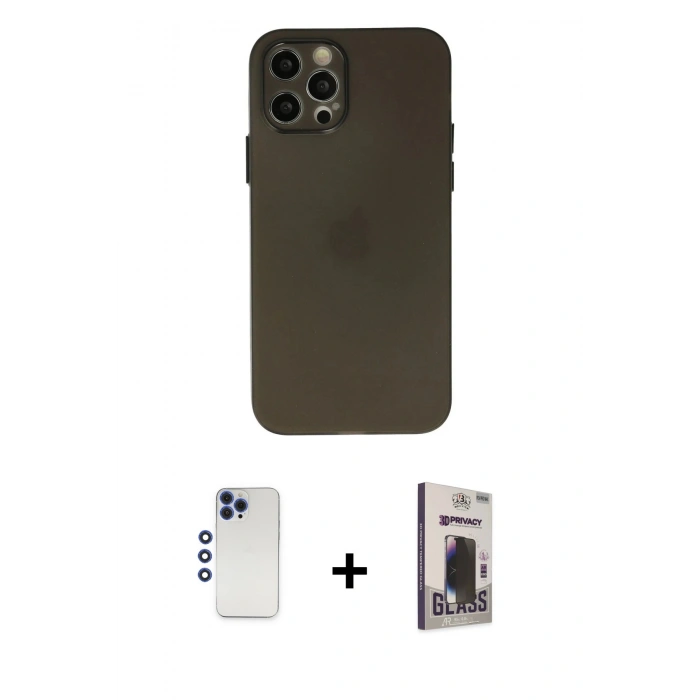 MARSİLYAN™- iPhone 12 Pro Max Kılıf Atlas Minimal Prime - Siyah Bilvis Hayalet Cam Ekran Koruyucu + Shine Kamera Lens - LT