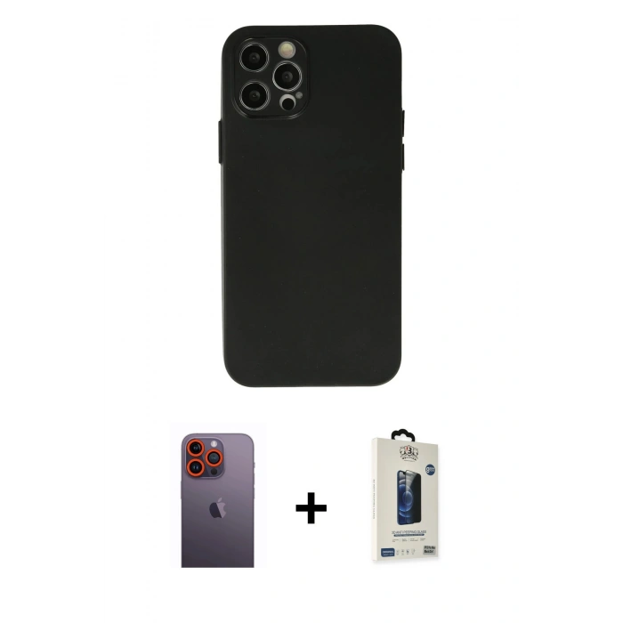 MARSİLYAN™- iPhone 12 Pro Max Kılıf Atlas Minimal Prime - Siyah Bilvis Hayalet Cam Ekran Koruyucu + Turuncu Neon Fosforlu Kamera Lens