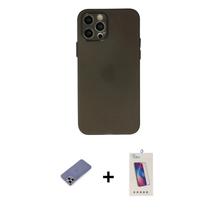 MARSİLYAN™- iPhone 12 Pro Max Kılıf Atlas Minimal Prime - Siyah Joko 5D Cam + Metal Kamera Lens Koruma Cam - GD