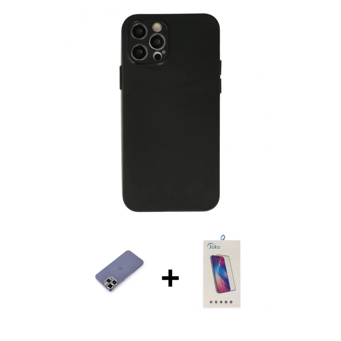 MARSİLYAN™- iPhone 12 Pro Max Kılıf Atlas Minimal Prime - Siyah Joko 5D Cam + Metal Kamera Lens Koruma Cam - GD