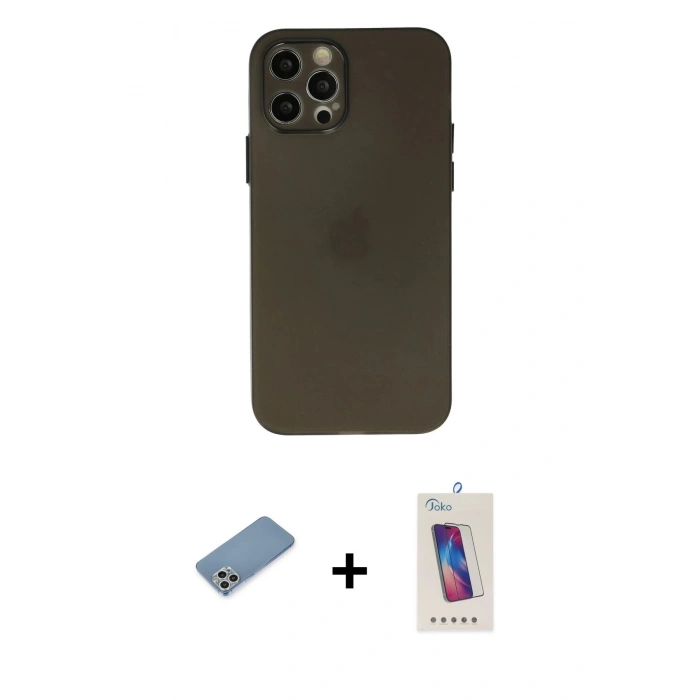 MARSİLYAN™- iPhone 12 Pro Max Kılıf Atlas Minimal Prime - Siyah Joko 5D Cam + Shine Kamera Lens Koruma Cam - GS
