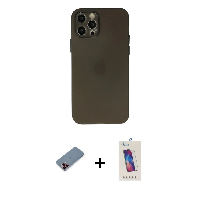 MARSİLYAN™- iPhone 12 Pro Max Kılıf Atlas Minimal Prime - Siyah Joko 5D Cam + Metal Kamera Lens Koruma Cam - KI
