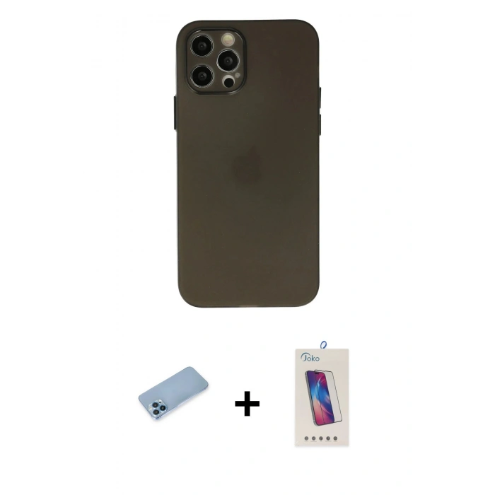 MARSİLYAN™- iPhone 12 Pro Max Kılıf Atlas Minimal Prime - Siyah Joko 5D Cam + Shine Kamera Lens Koruma Cam - MI