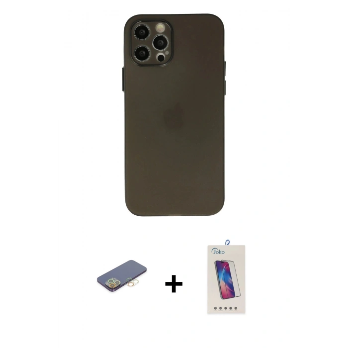 MARSİLYAN™- iPhone 12 Pro Max Kılıf Atlas Minimal Prime - Siyah Joko 5D Cam + Renkli Kamera Lens Koruma Cam - SI