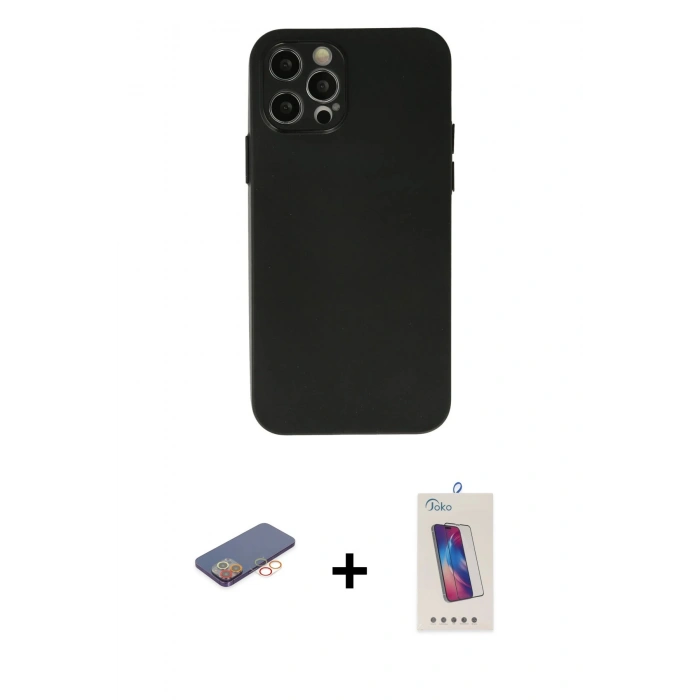 MARSİLYAN™- iPhone 12 Pro Max Kılıf Atlas Minimal Prime - Siyah Joko 5D Cam + Renkli Kamera Lens Koruma Cam - TU