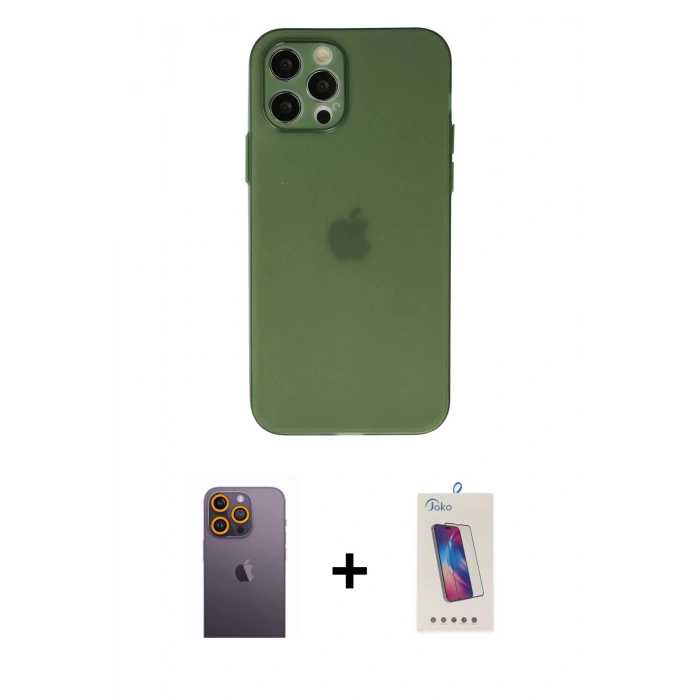 MARSİLYAN™- iPhone 12 Pro Max Kılıf Atlas Minimal Prime - Siyah Joko 5D Cam + Neon Fosforlu Kamera Lens - SI