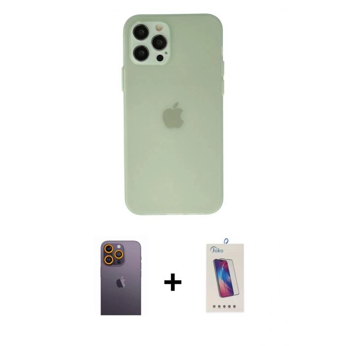 MARSİLYAN™- iPhone 12 Pro Max Kılıf Atlas Minimal Prime - Siyah Joko 5D Cam + Neon Fosforlu Kamera Lens - SI