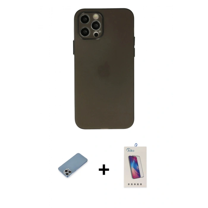 MARSİLYAN™- iPhone 12 Pro Max Kılıf Atlas Minimal Prime - Siyah Joko 5D Cam + Shine Kamera Lens Koruma Cam - GI