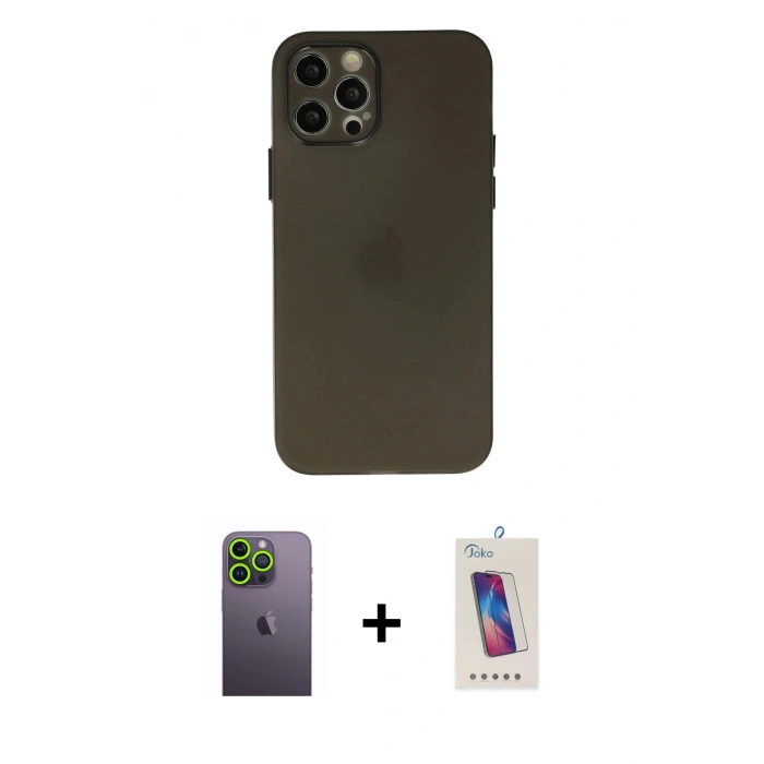 MARSİLYAN™- iPhone 12 Pro Max Kılıf Atlas Minimal Prime - Siyah Joko 5D Cam + Neon Fosforlu Kamera Lens - YL