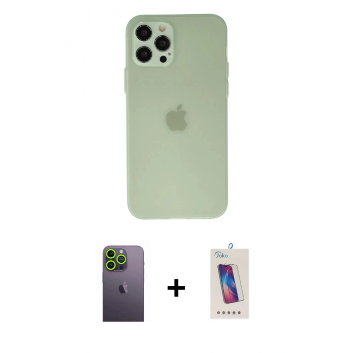 MARSİLYAN™- iPhone 12 Pro Max Kılıf Atlas Minimal Prime - Siyah Joko 5D Cam + Neon Fosforlu Kamera Lens - YL