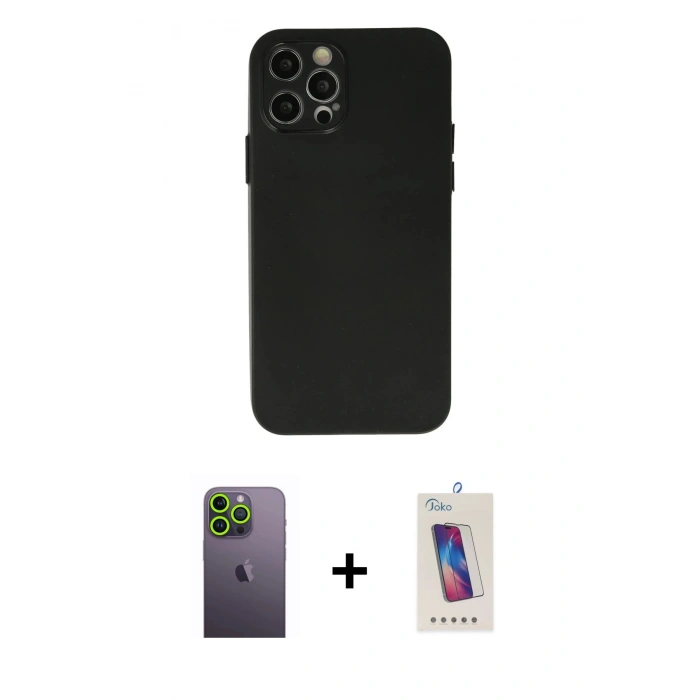 MARSİLYAN™- iPhone 12 Pro Max Kılıf Atlas Minimal Prime - Siyah Joko 5D Cam + Neon Fosforlu Kamera Lens - YL