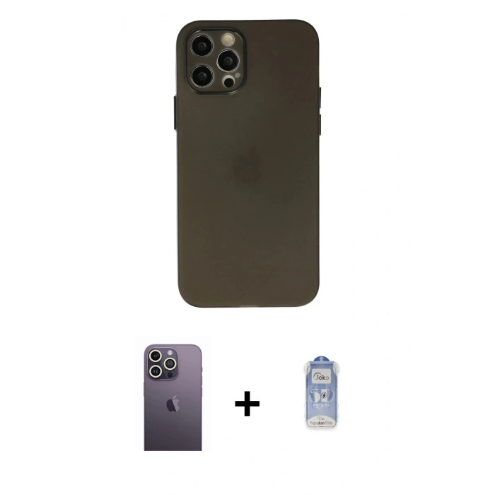 MARSİLYAN™- iPhone 12 Pro Max Kılıf Atlas Minimal Prime - Siyah Joko Magic 5D Cam + Neon Fosforlu Kamera Lens - BZ