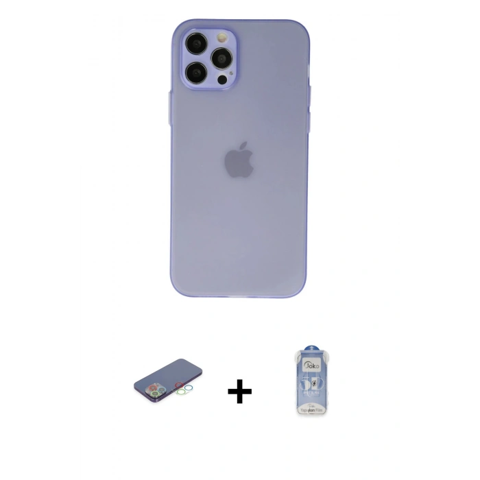 MARSİLYAN™- iPhone 12 Pro Max Kılıf Atlas Minimal Prime - Siyah Joko Magic 5D Cam + Mavi Renkli Kamera Lens Koruma Cam