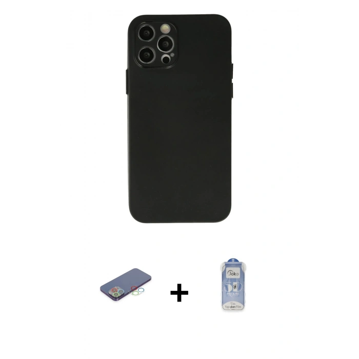 MARSİLYAN™- iPhone 12 Pro Max Kılıf Atlas Minimal Prime - Siyah Joko Magic 5D Cam + Mavi Renkli Kamera Lens Koruma Cam
